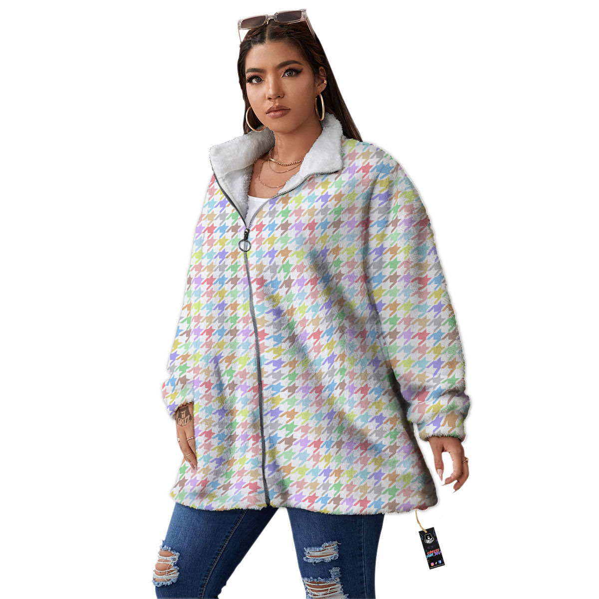 Houndstooth Colorful Print Women's Sherpa Jacket-grizzshop