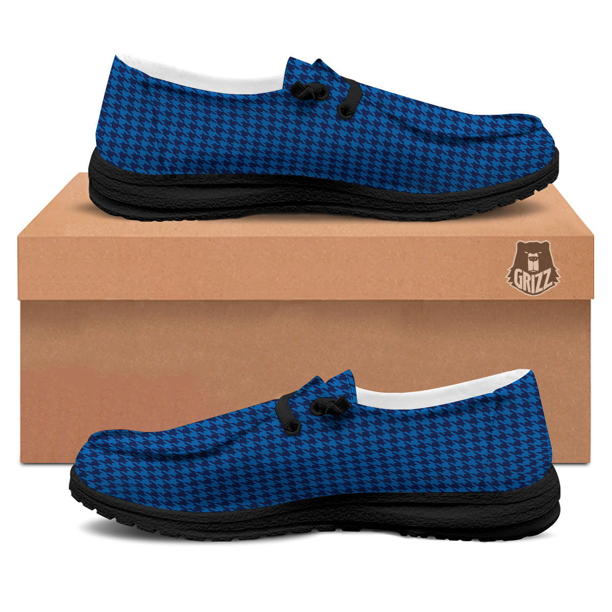 Houndstooth Deep Blue Print Pattern Black Loafers-grizzshop