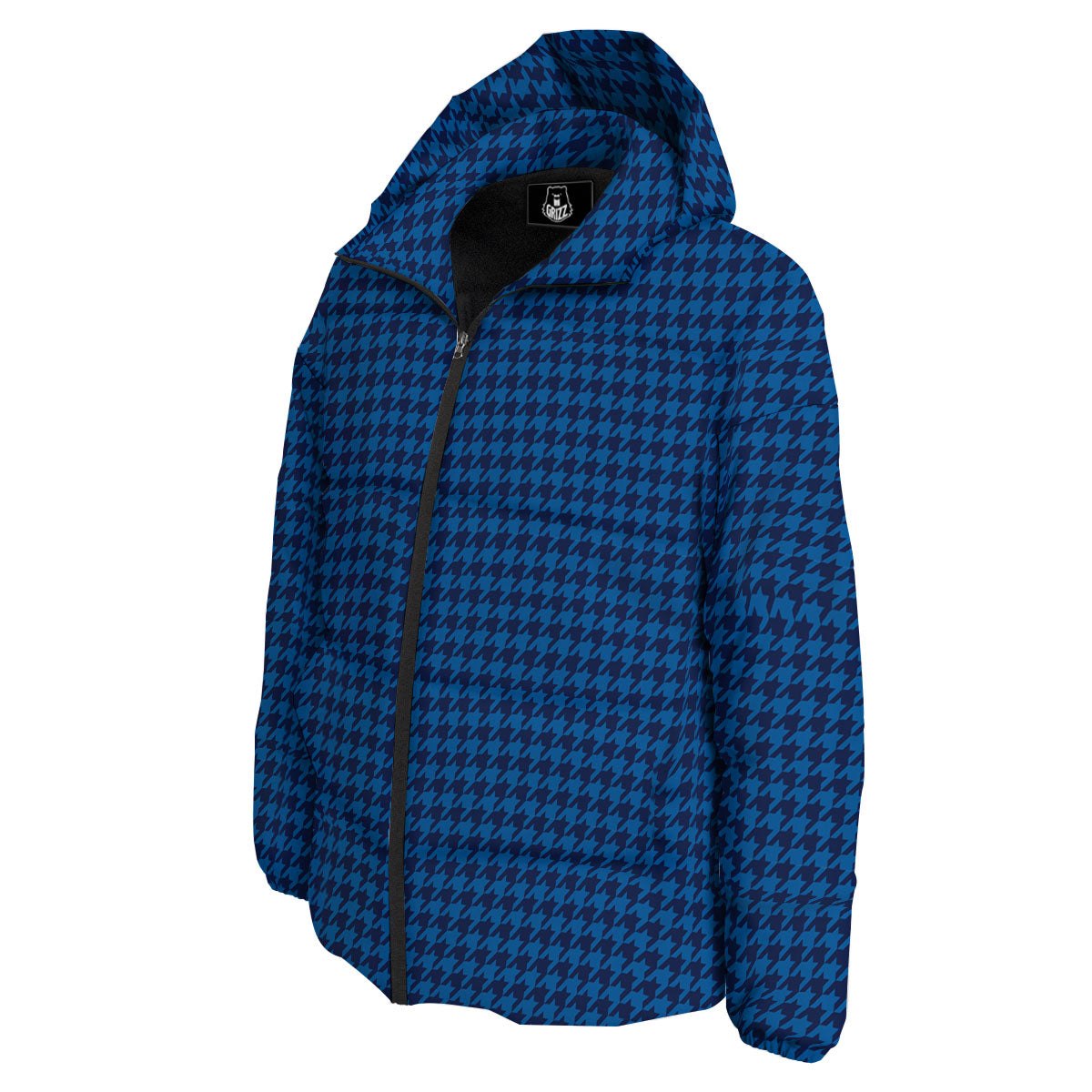 Houndstooth Deep Blue Print Pattern Down Jacket-grizzshop