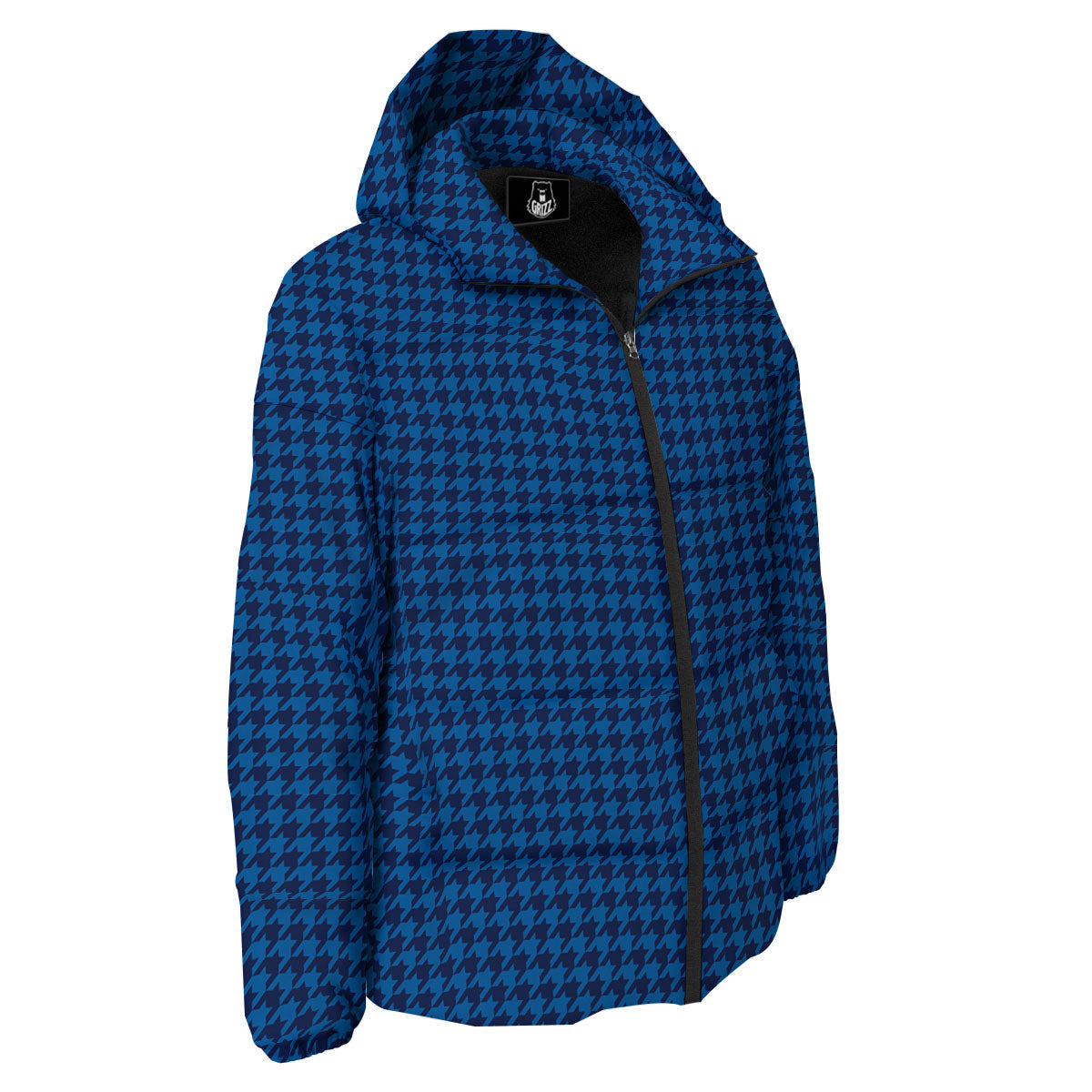 Houndstooth Deep Blue Print Pattern Down Jacket-grizzshop