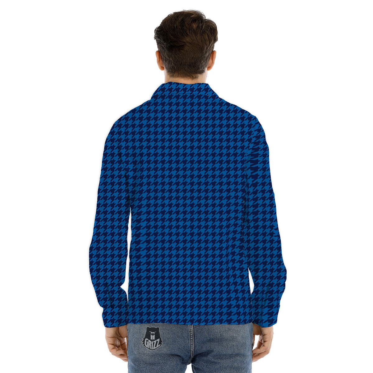 Houndstooth Deep Blue Print Pattern Men's Dress Shirts-grizzshop