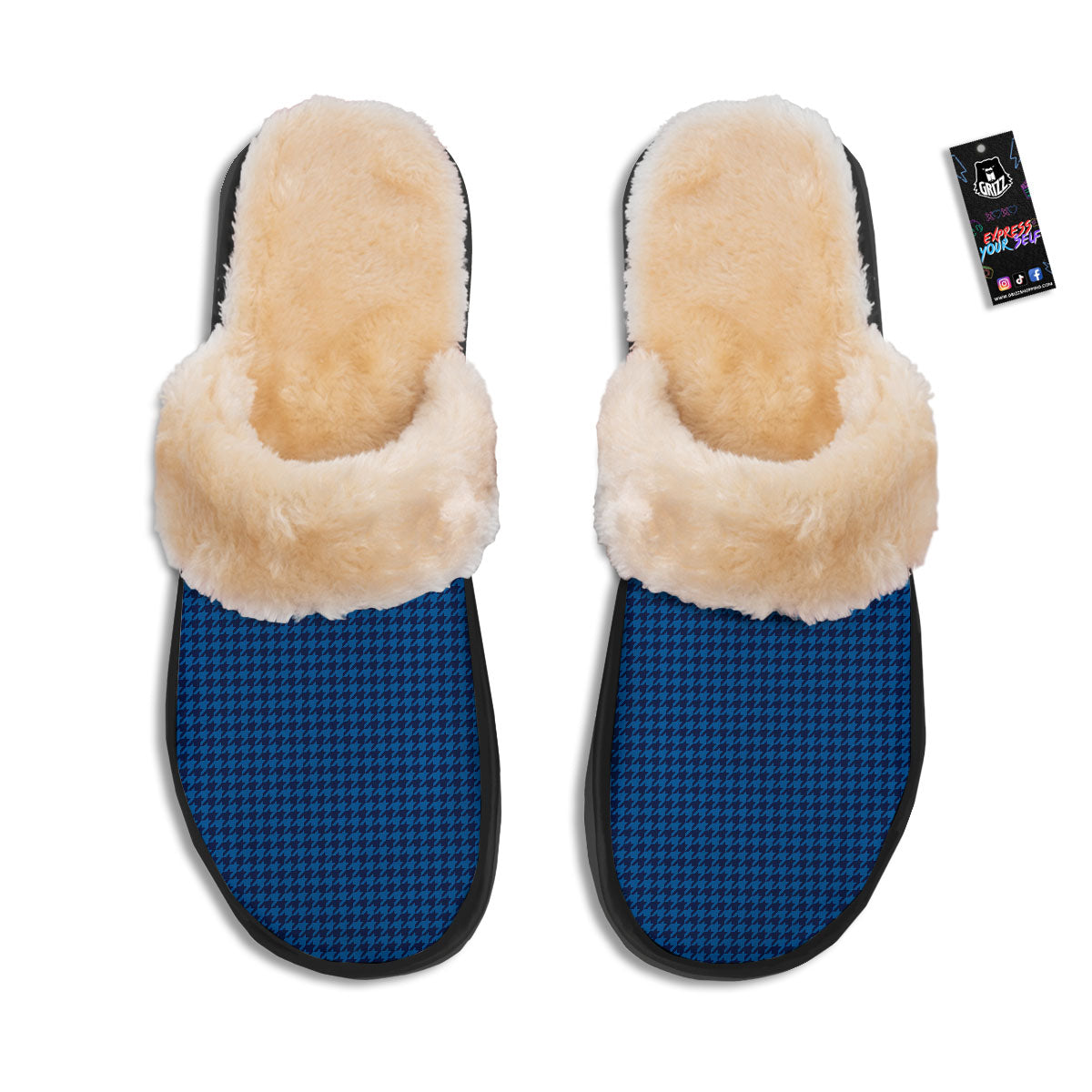 Houndstooth Deep Blue Print Pattern Slippers-grizzshop
