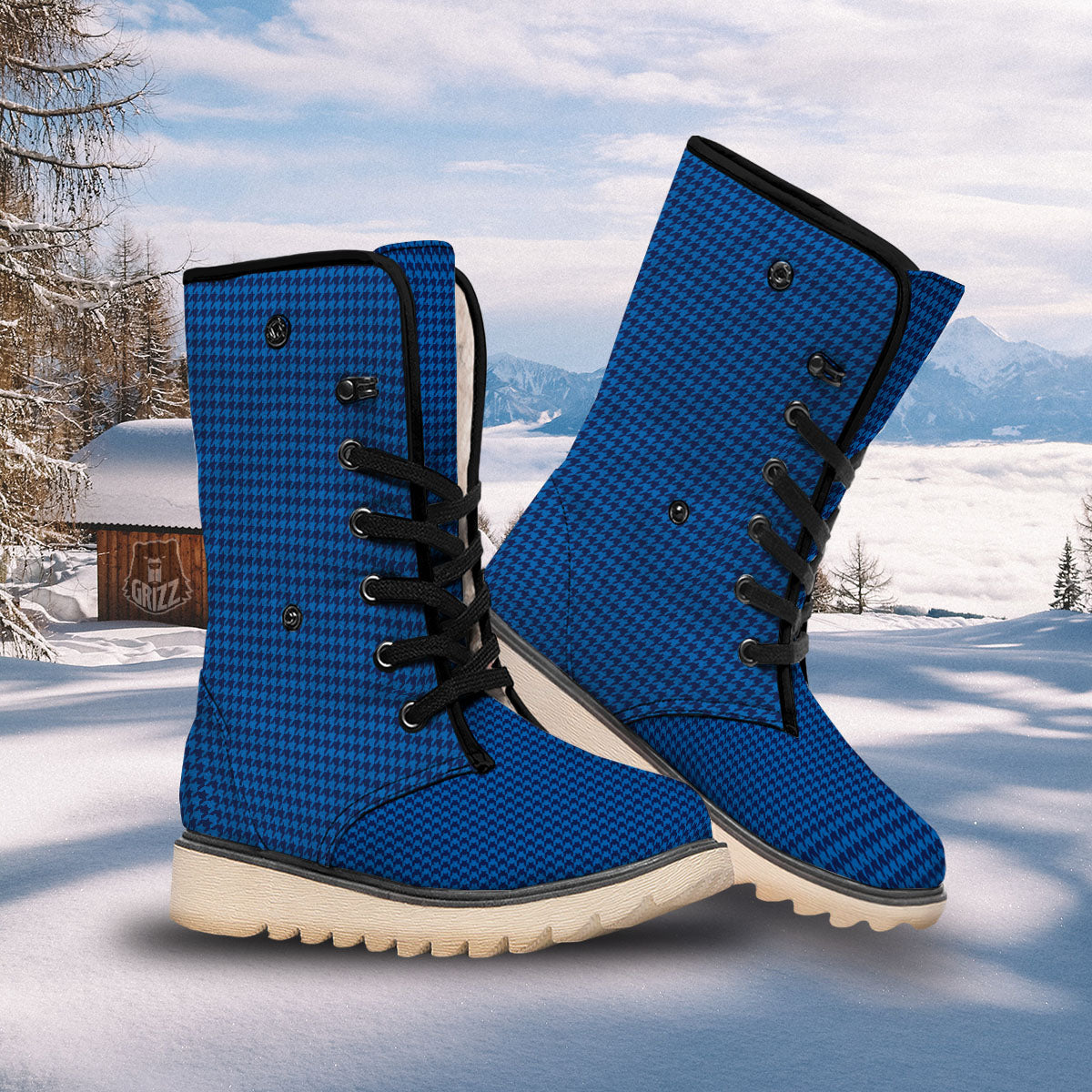 Houndstooth Deep Blue Print Pattern Snow Boots-grizzshop