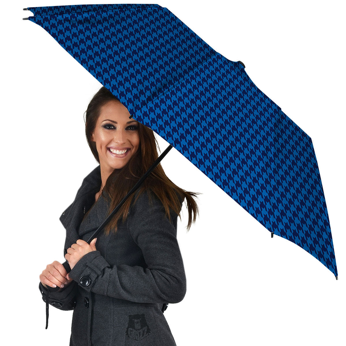 Houndstooth Deep Blue Print Pattern Umbrella-grizzshop