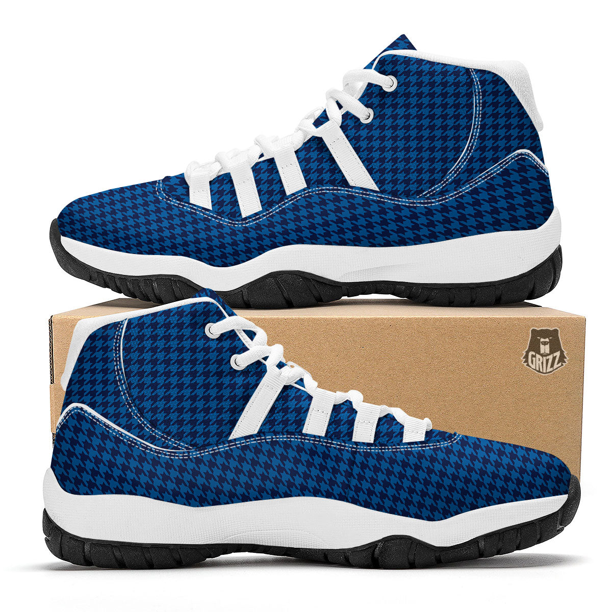 Houndstooth Deep Blue Print Pattern White Bball Shoes-grizzshop
