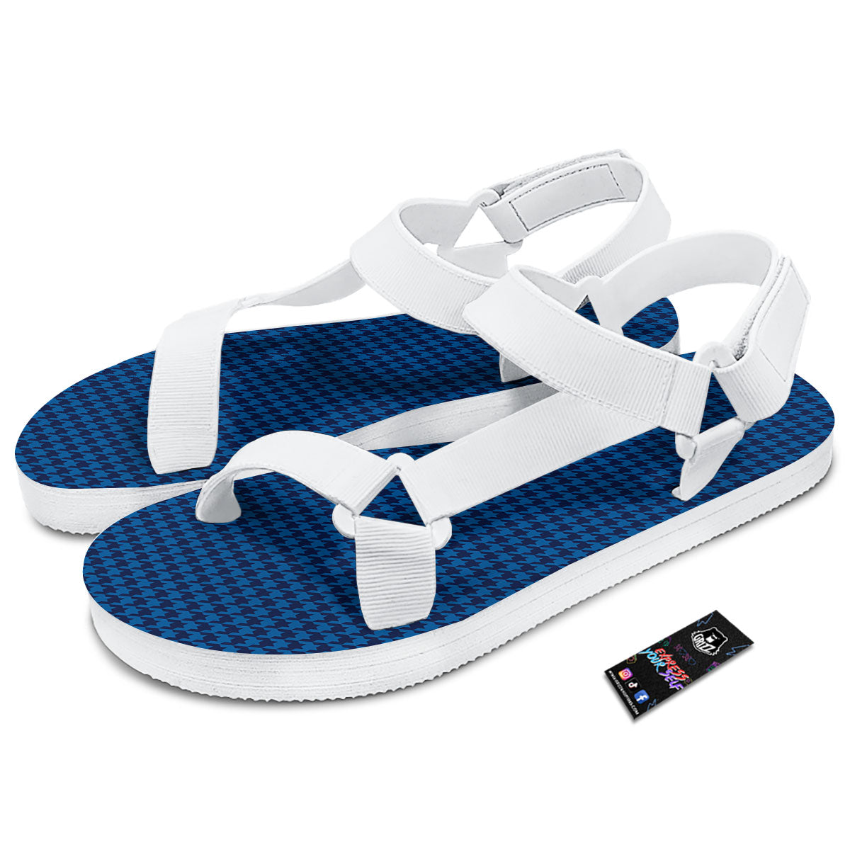 Houndstooth Deep Blue Print Pattern White Open Toe Sandals-grizzshop