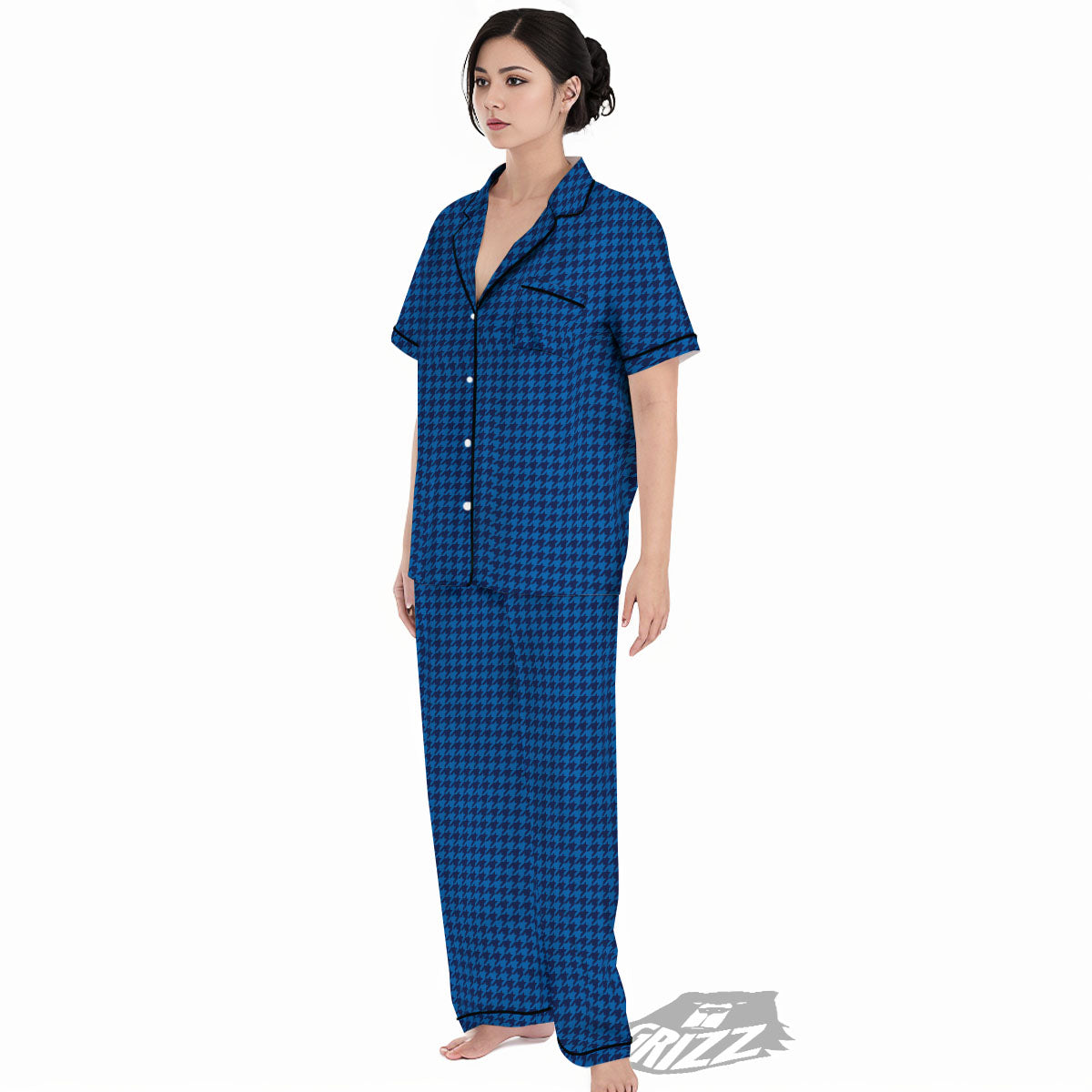 Houndstooth Deep Blue Print Pattern Women's Pajamas Set-grizzshop