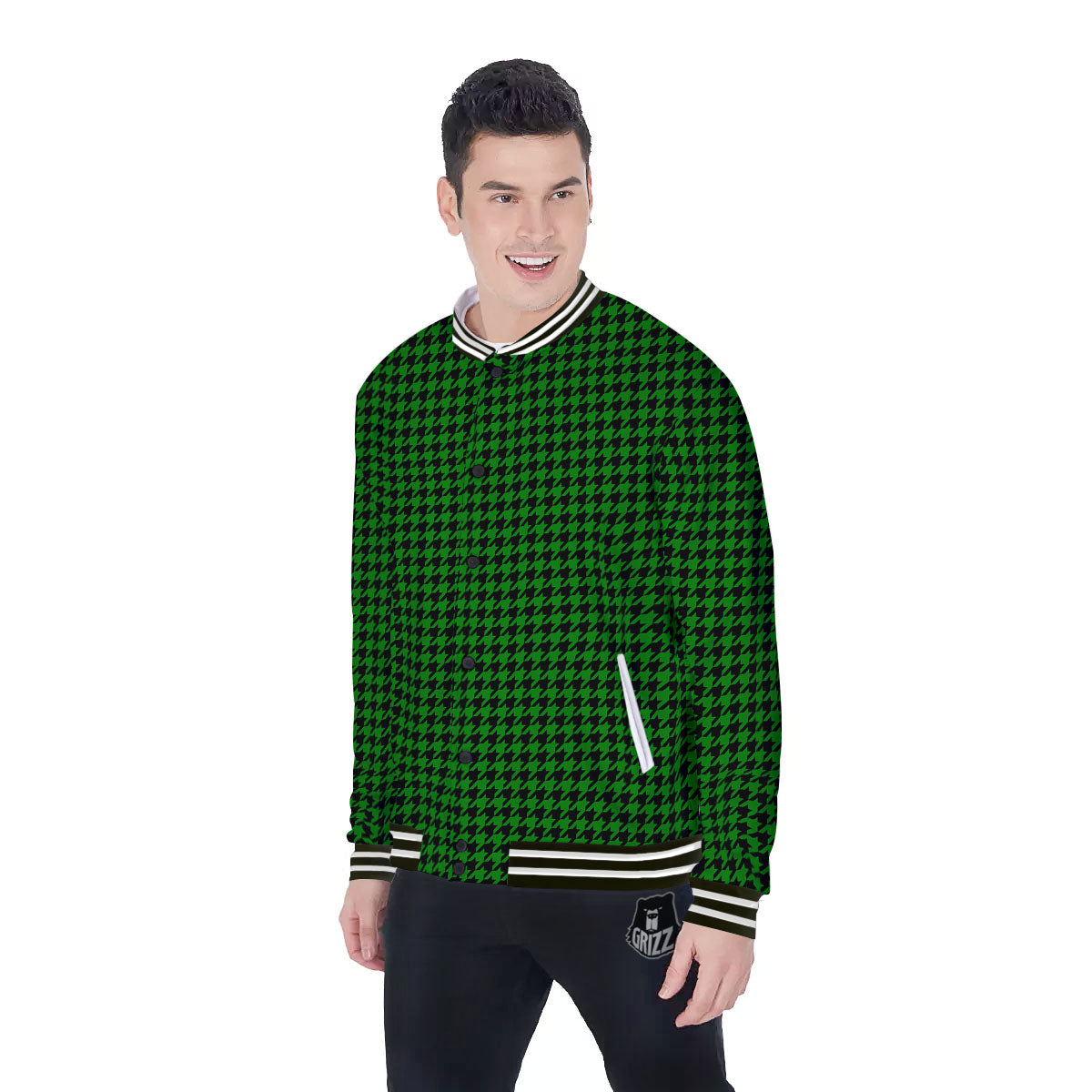 Houndstooth Deep Green Print Pattern Baseball Jacket-grizzshop