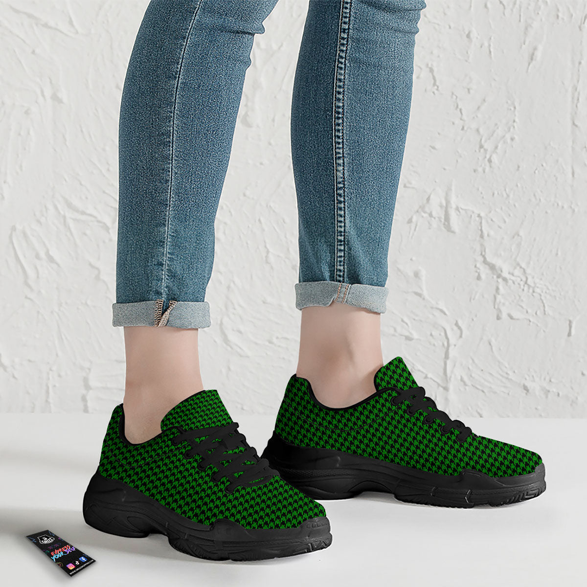 Houndstooth Deep Green Print Pattern Black Chunky Shoes-grizzshop