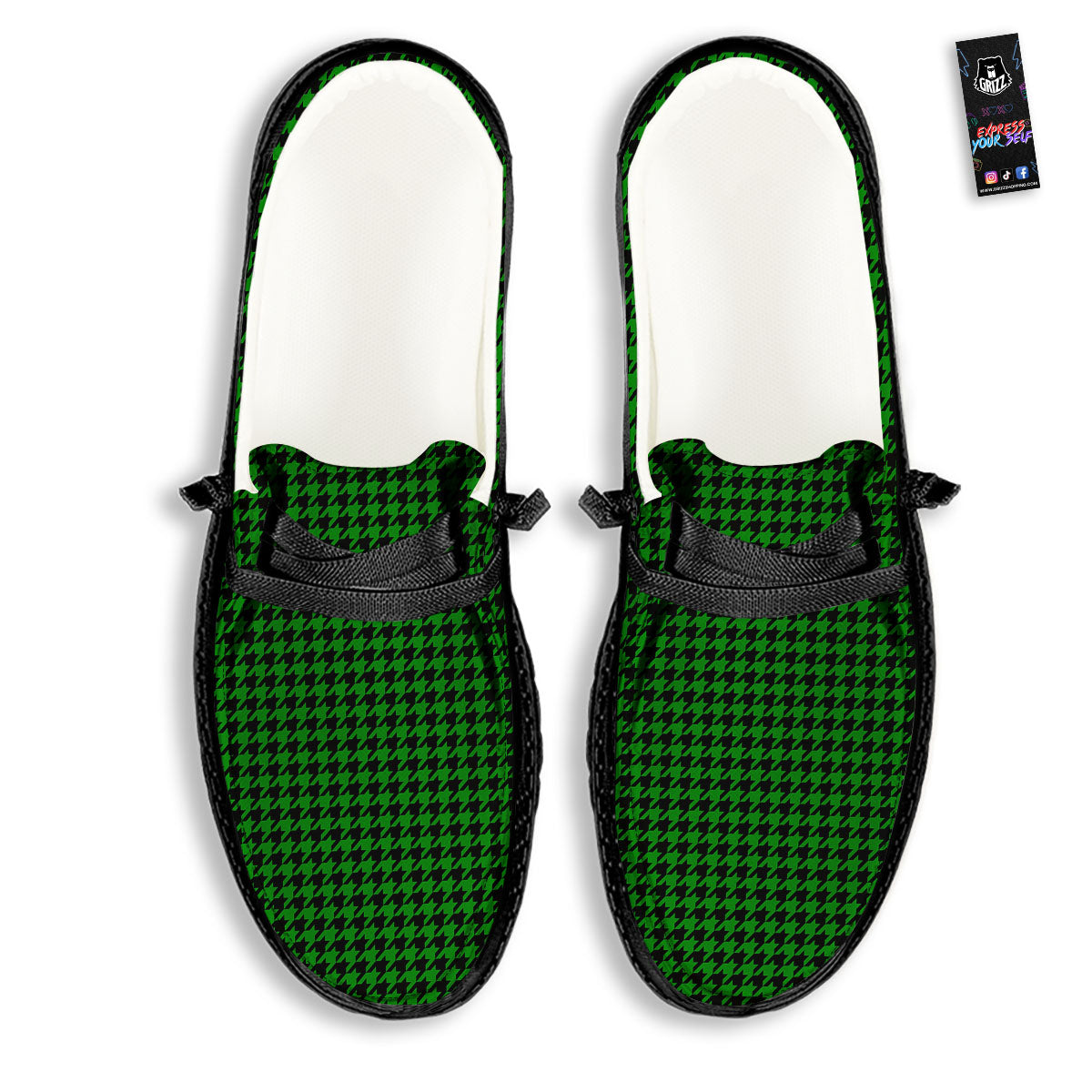 Houndstooth Deep Green Print Pattern Black Loafers-grizzshop