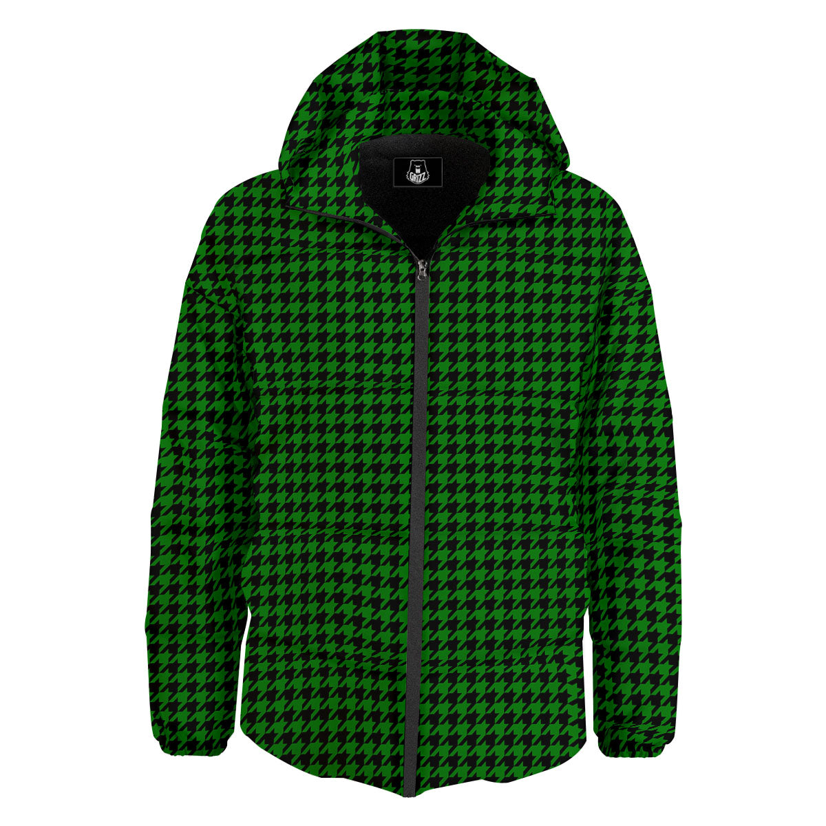 Houndstooth Deep Green Print Pattern Down Jacket-grizzshop