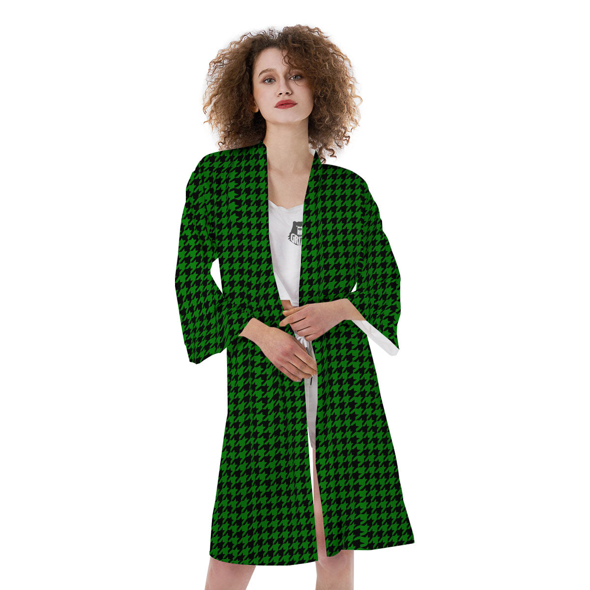 Houndstooth Deep Green Print Pattern Kimono-grizzshop