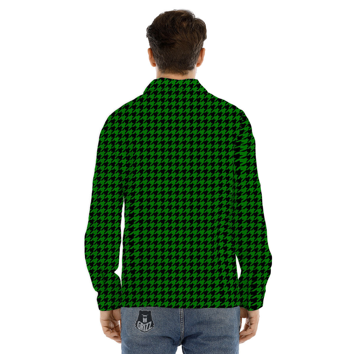 Houndstooth Deep Green Print Pattern Men's Dress Shirts-grizzshop