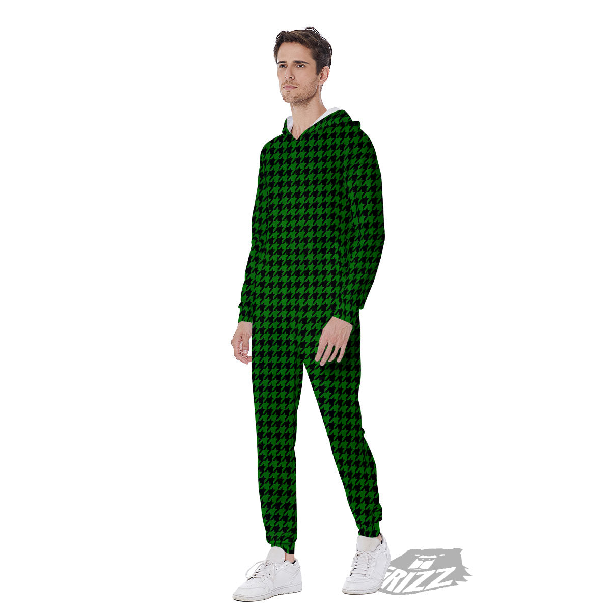 Houndstooth Deep Green Print Pattern Men's Jumpsuit-grizzshop