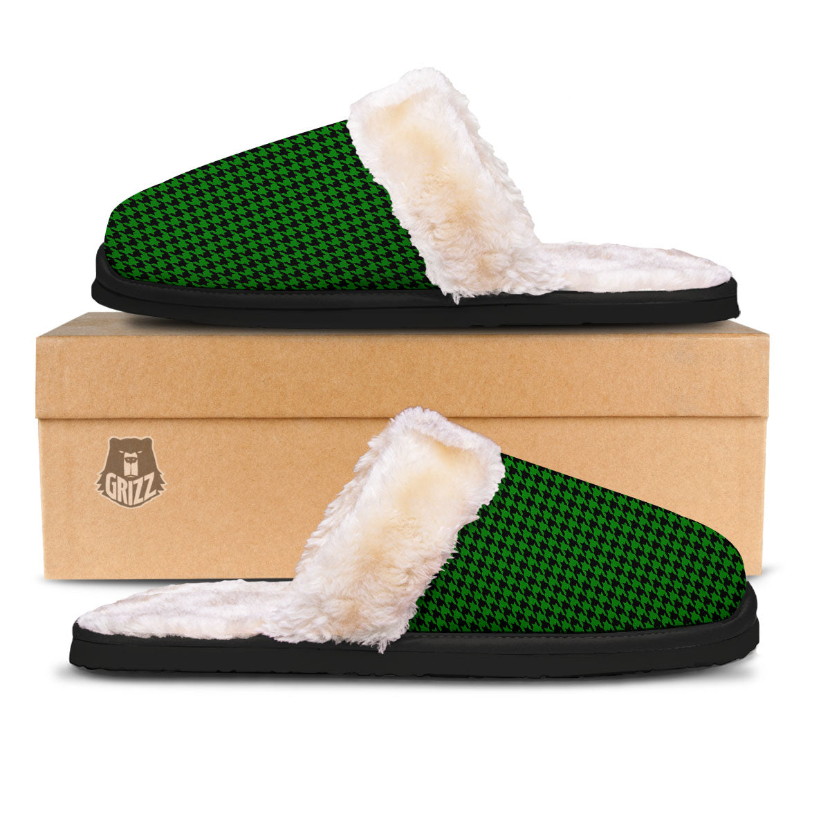 Houndstooth Deep Green Print Pattern Slippers-grizzshop