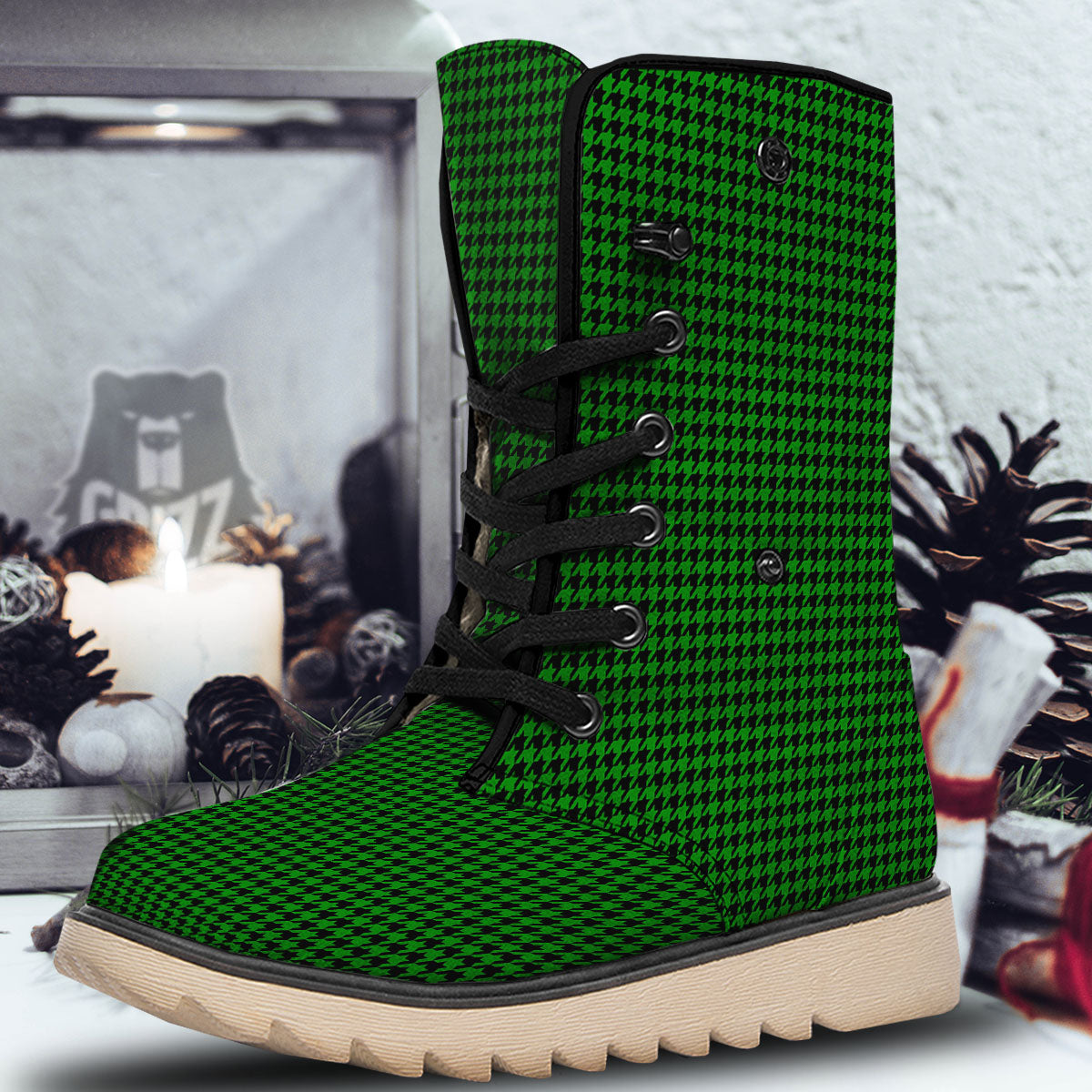 Houndstooth Deep Green Print Pattern Snow Boots-grizzshop