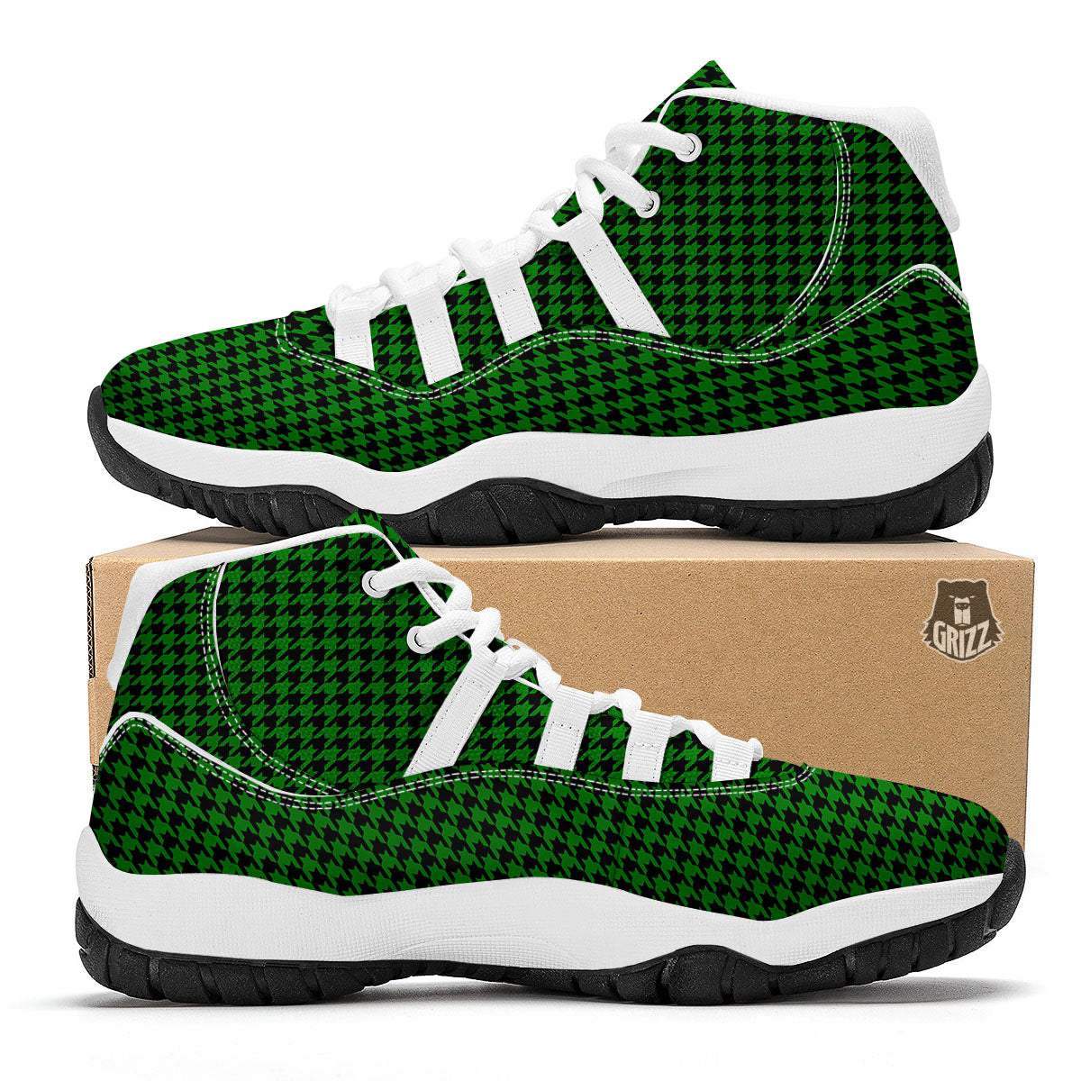Houndstooth Deep Green Print Pattern White Bball Shoes-grizzshop