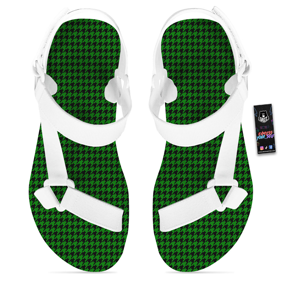 Houndstooth Deep Green Print Pattern White Open Toe Sandals-grizzshop
