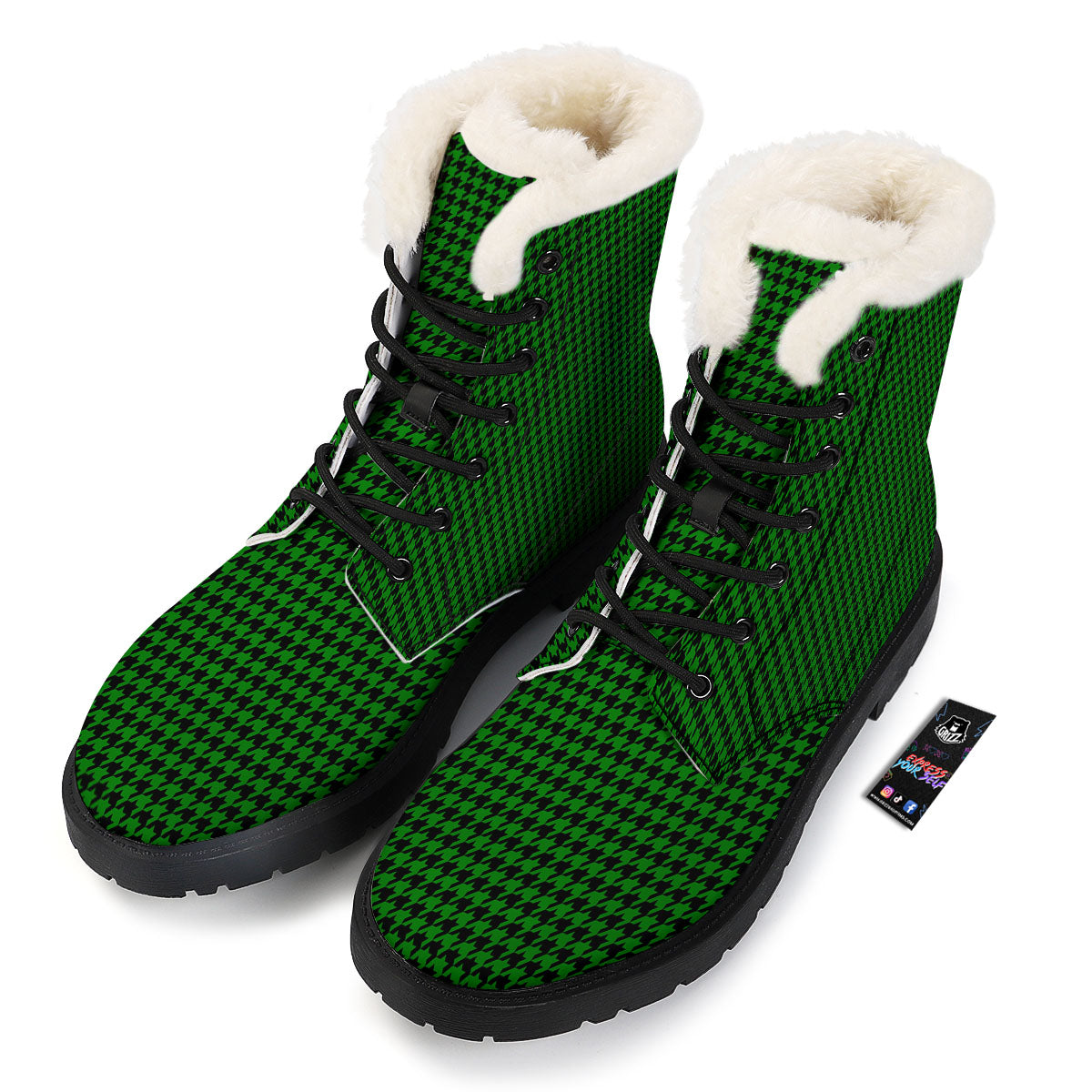 Houndstooth Deep Green Print Pattern Winter Boots-grizzshop