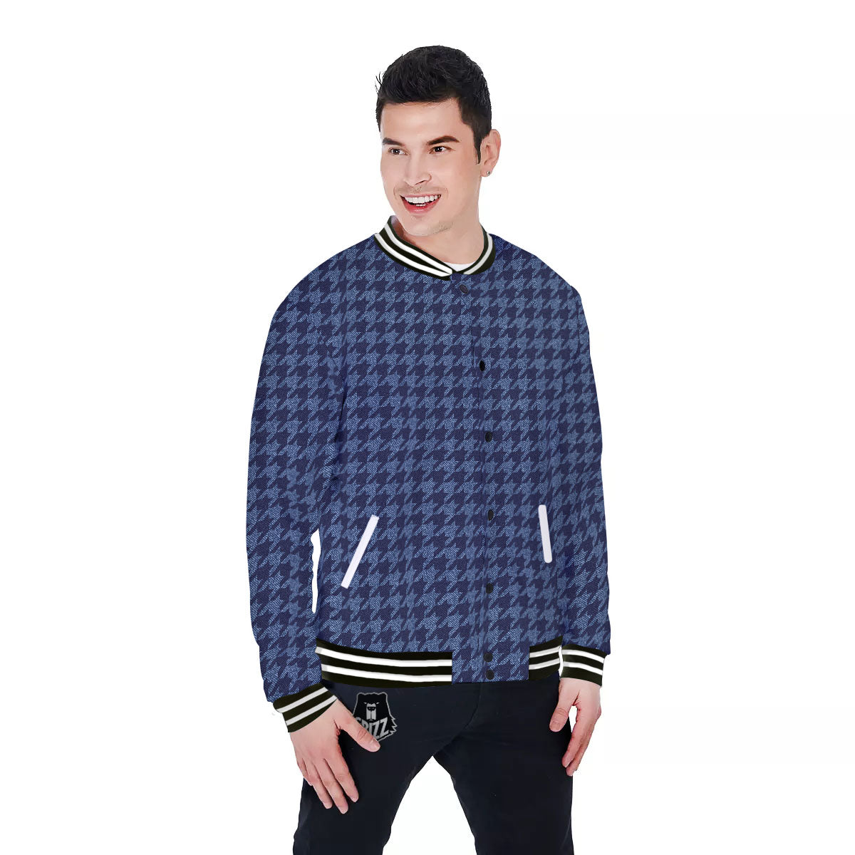 Houndstooth Denim Print Pattern Baseball Jacket-grizzshop