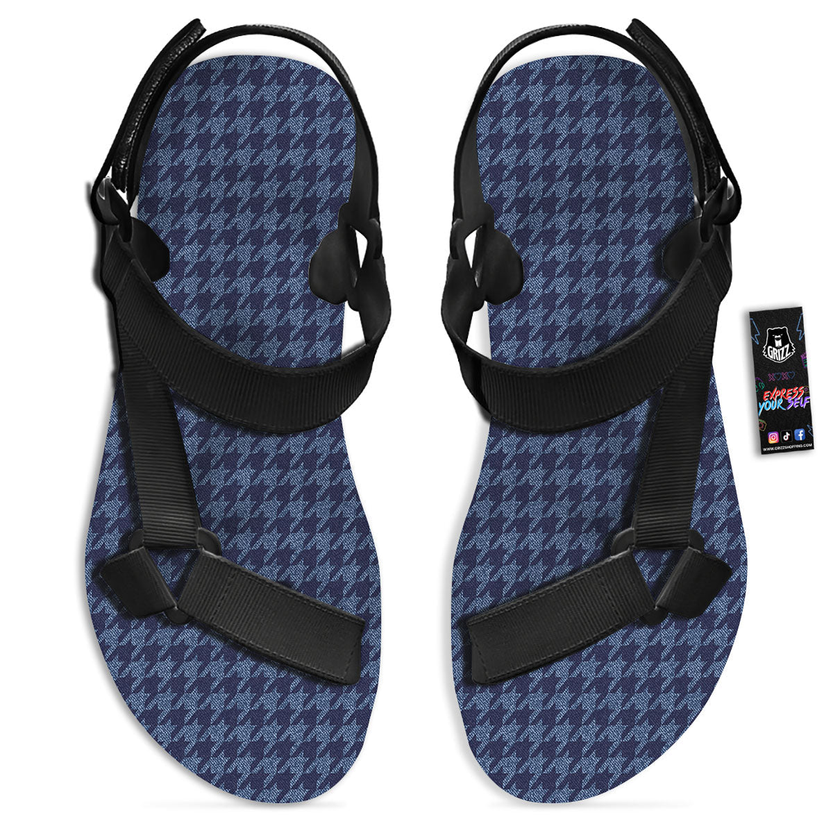 Houndstooth Denim Print Pattern Black Open Toe Sandals-grizzshop