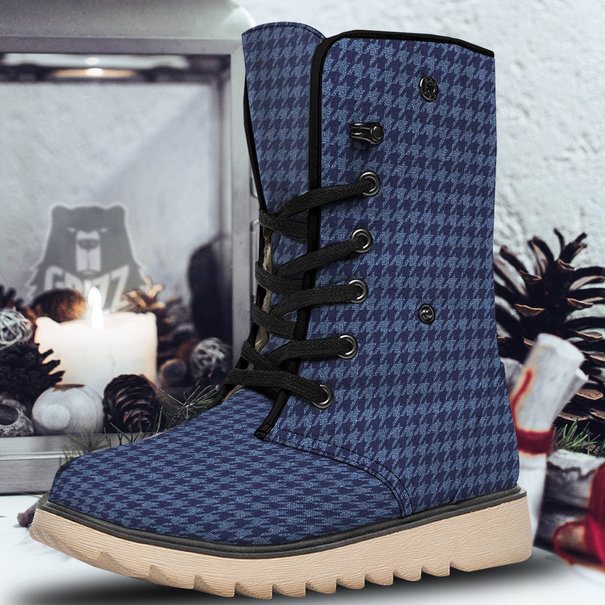 Houndstooth Denim Print Pattern Snow Boots-grizzshop