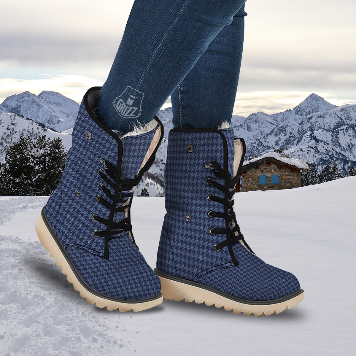 Houndstooth Denim Print Pattern Snow Boots-grizzshop