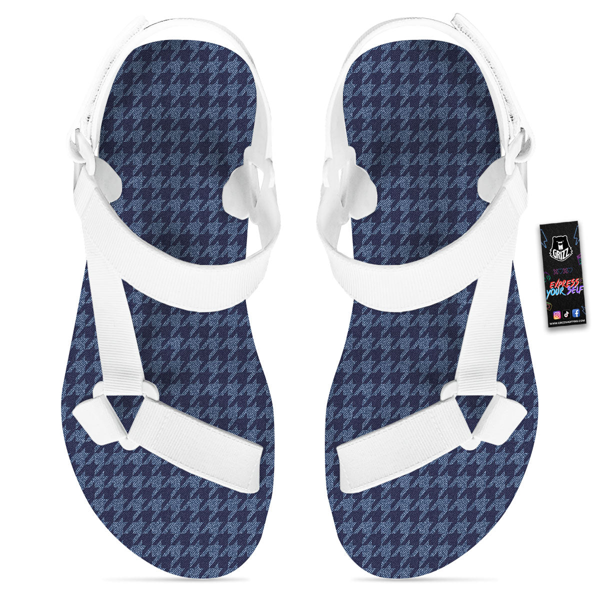 Houndstooth Denim Print Pattern White Open Toe Sandals-grizzshop