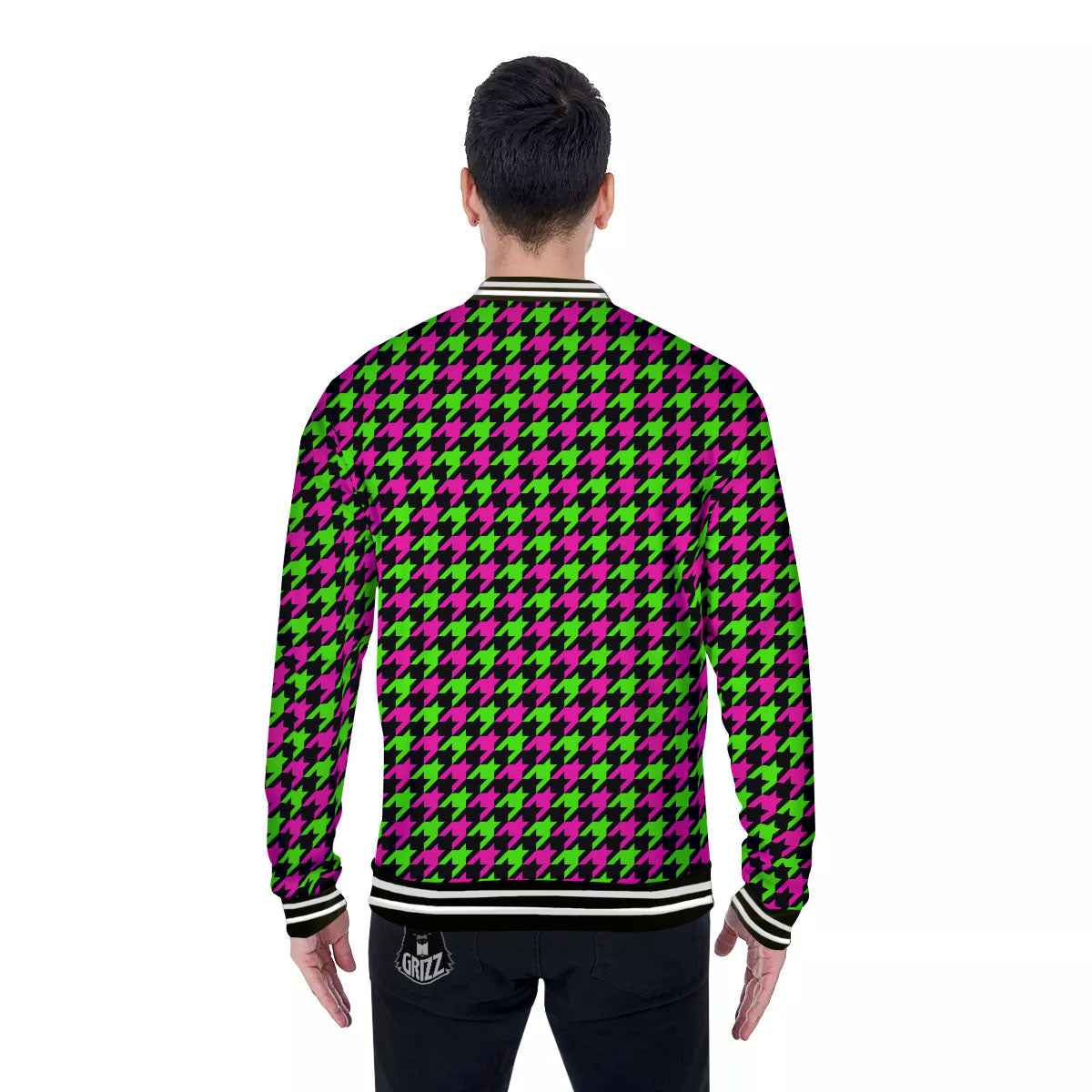 Houndstooth Green And Pink Print Pattern Baseball Jacket-grizzshop