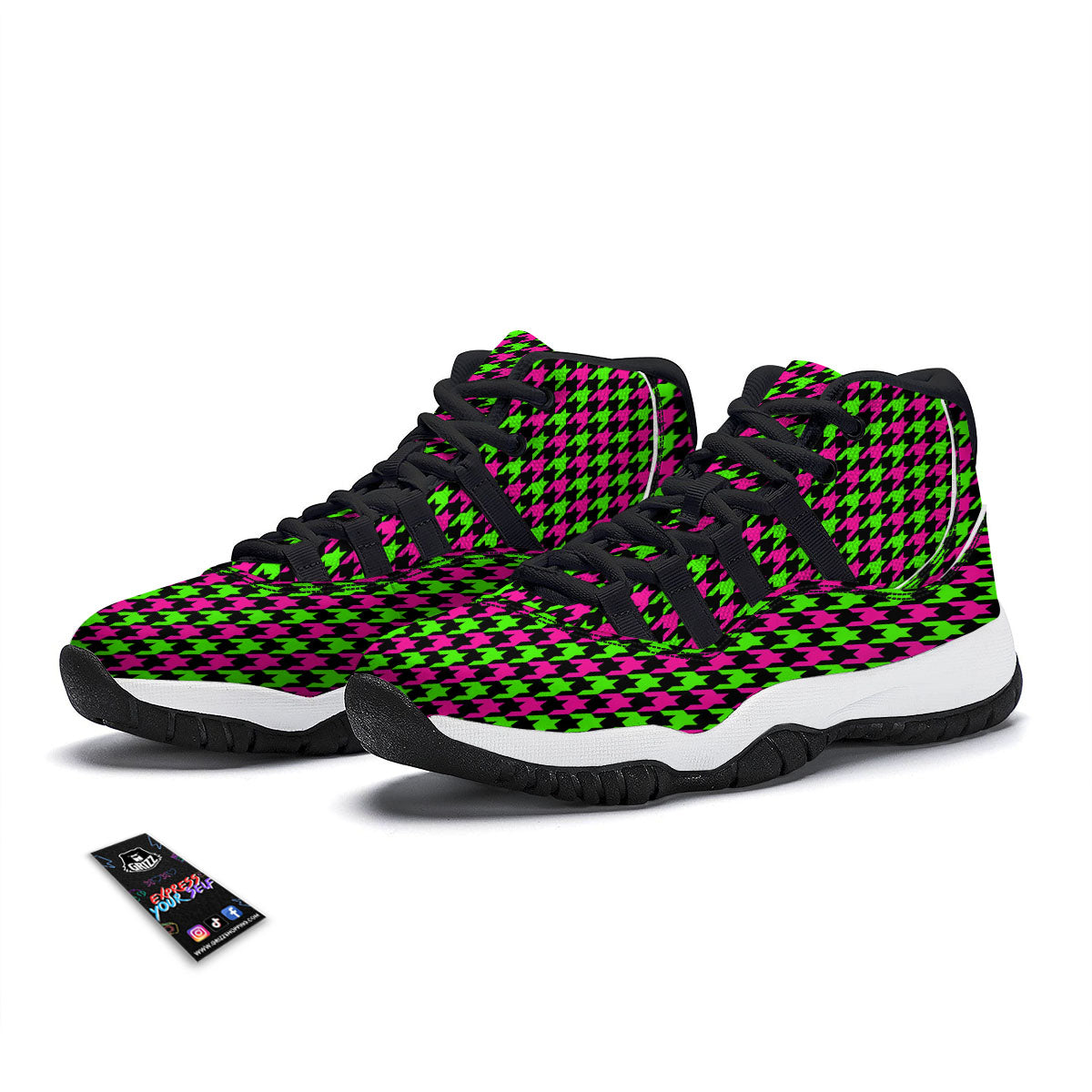 Houndstooth Green And Pink Print Pattern Black Bball Shoes-grizzshop