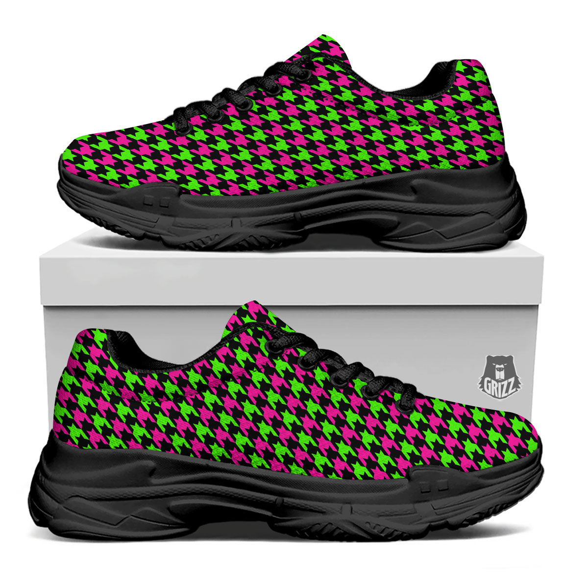 Houndstooth Green And Pink Print Pattern Black Chunky Shoes-grizzshop