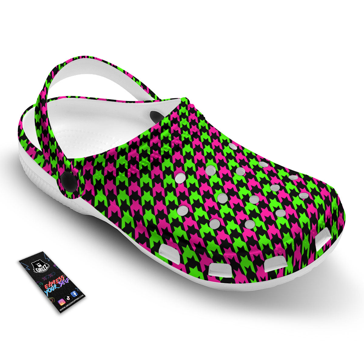 Houndstooth Green And Pink Print Pattern Clog-grizzshop