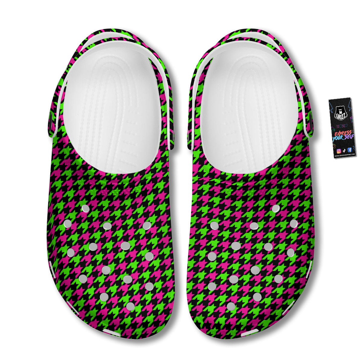 Houndstooth Green And Pink Print Pattern Clog-grizzshop