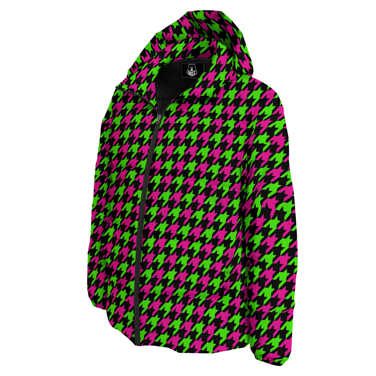Houndstooth Green And Pink Print Pattern Down Jacket-grizzshop