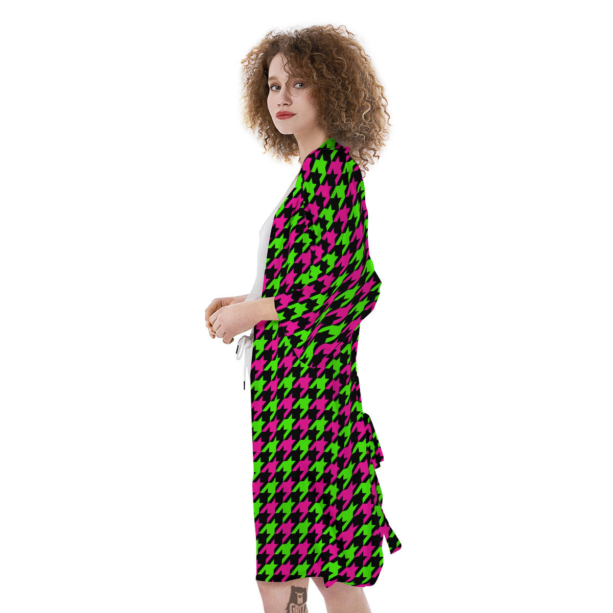 Houndstooth Green And Pink Print Pattern Kimono-grizzshop