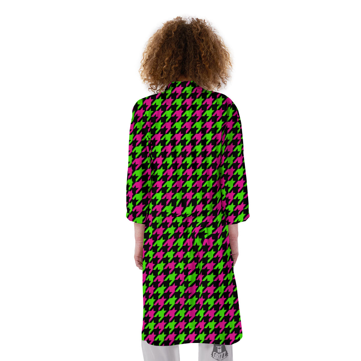 Houndstooth Green And Pink Print Pattern Kimono-grizzshop