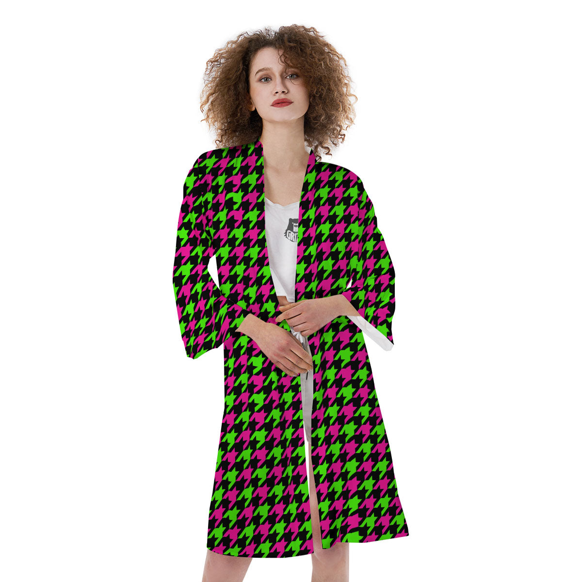 Houndstooth Green And Pink Print Pattern Kimono-grizzshop