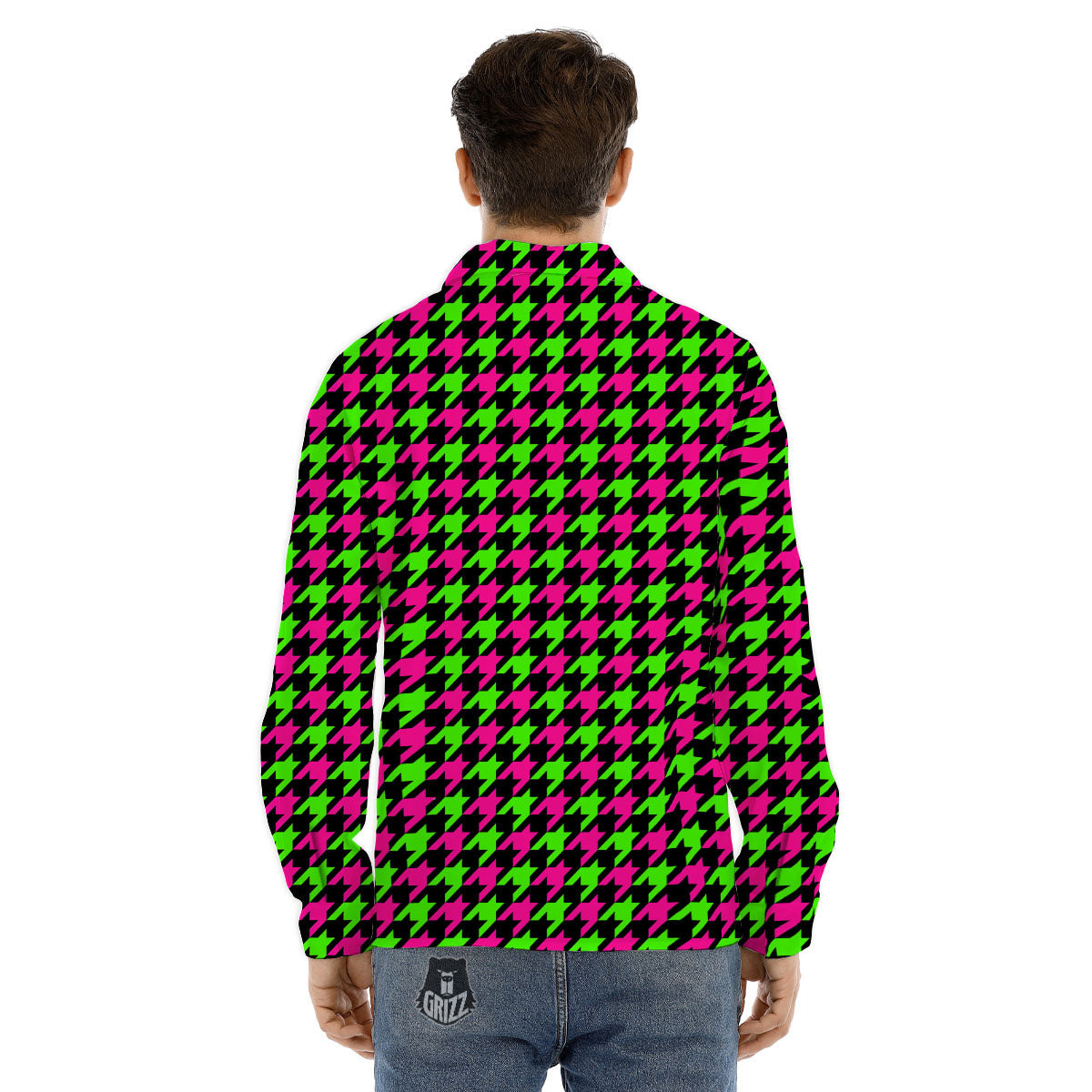 Houndstooth Green And Pink Print Pattern Men's Dress Shirts-grizzshop