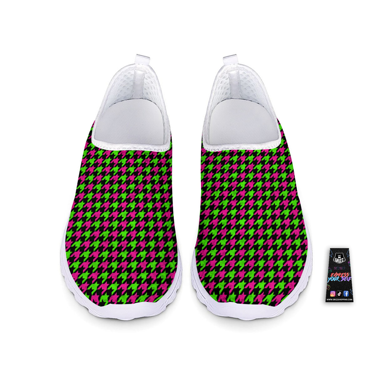 Houndstooth Green And Pink Print Pattern Nurse Shoes-grizzshop