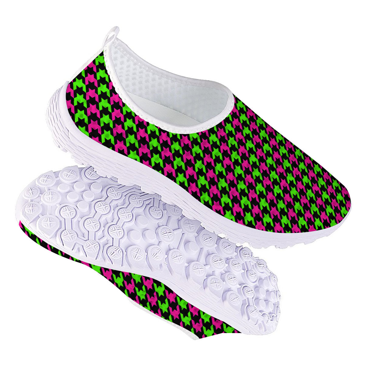 Houndstooth Green And Pink Print Pattern Nurse Shoes-grizzshop