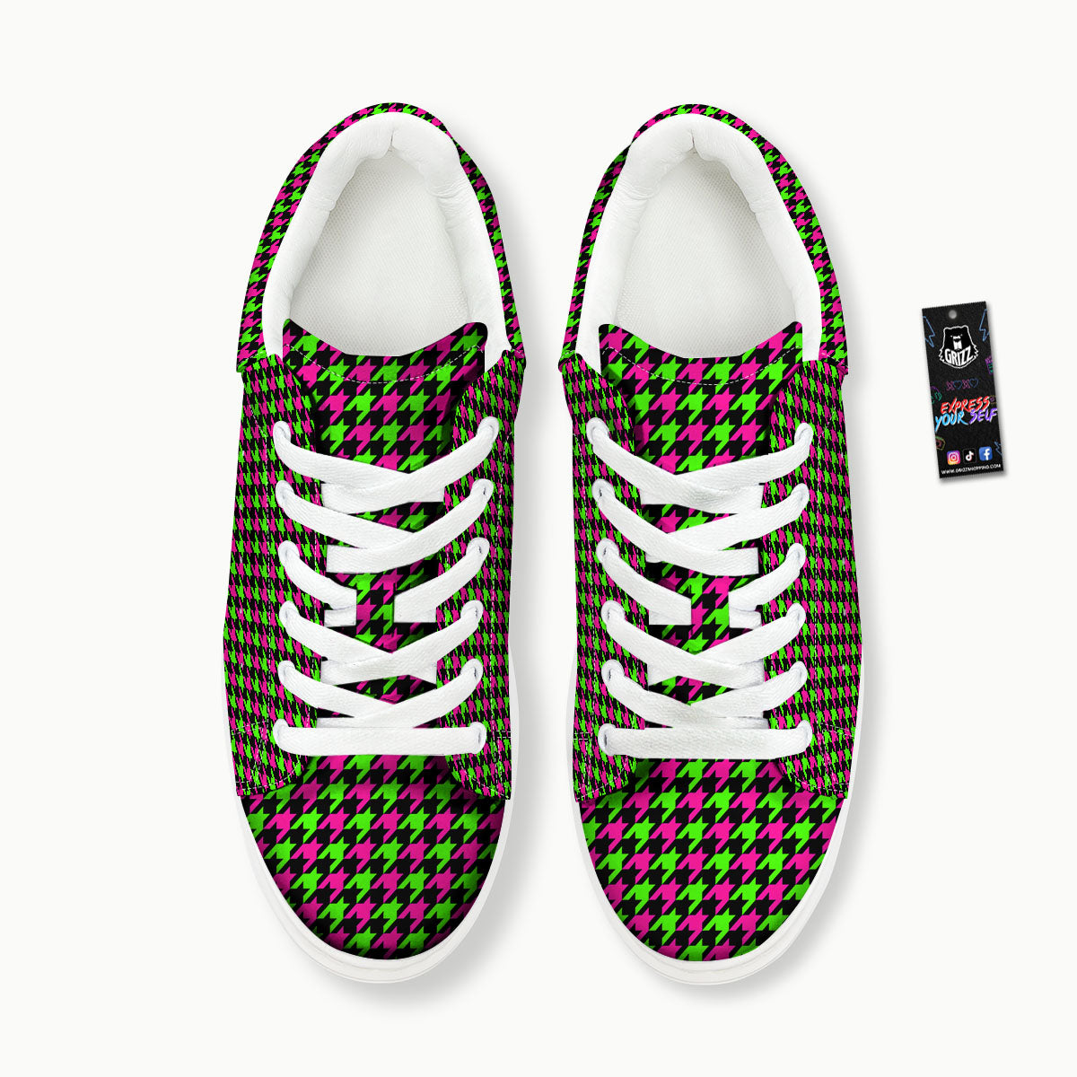 Houndstooth Green And Pink Print Pattern Platform Shoes-grizzshop