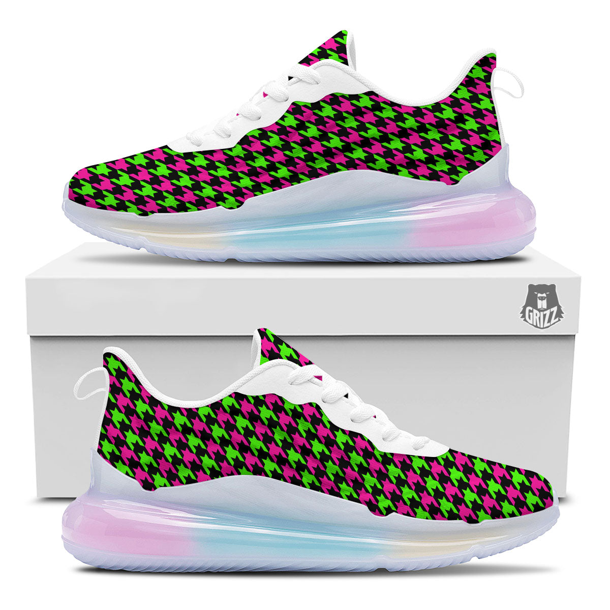 Houndstooth Green And Pink Print Pattern Running Sneakers-grizzshop