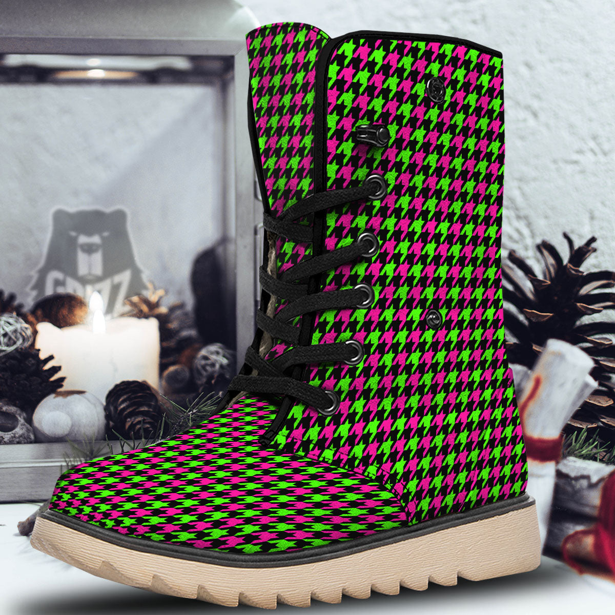 Houndstooth Green And Pink Print Pattern Snow Boots-grizzshop