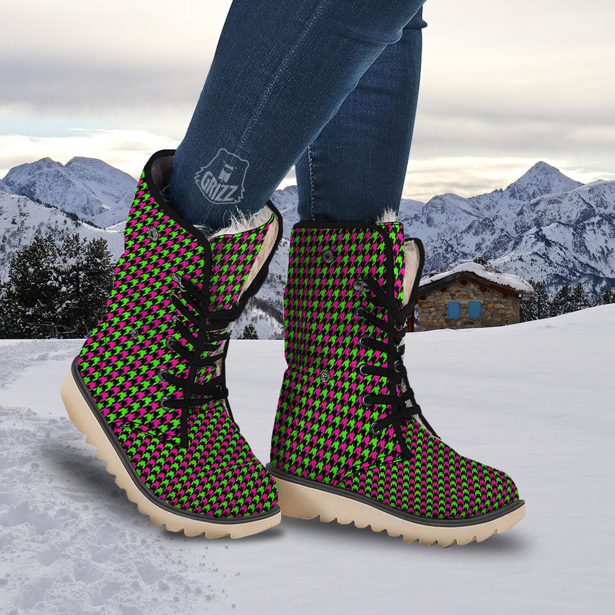 Houndstooth Green And Pink Print Pattern Snow Boots-grizzshop