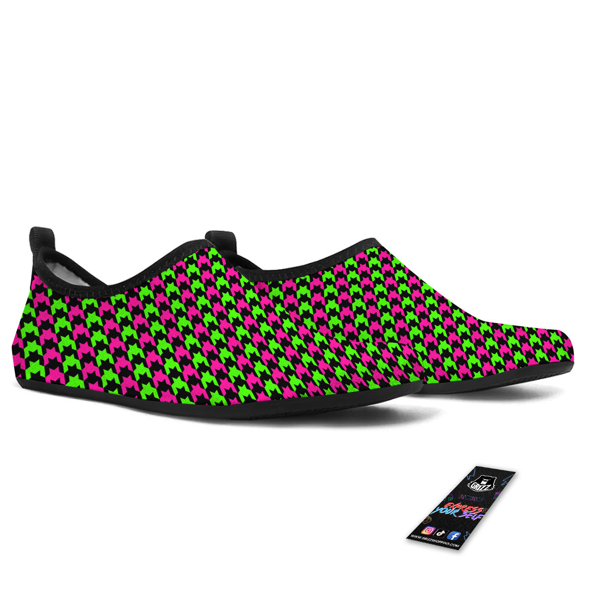 Houndstooth Green And Pink Print Pattern Water Shoes-grizzshop