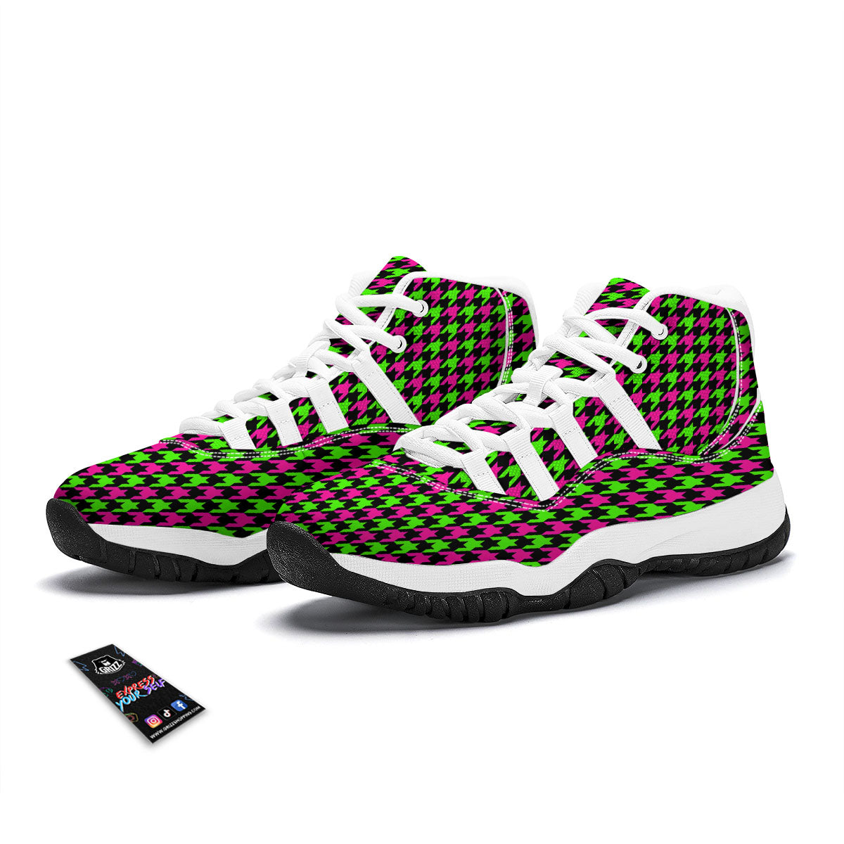 Houndstooth Green And Pink Print Pattern White Bball Shoes-grizzshop