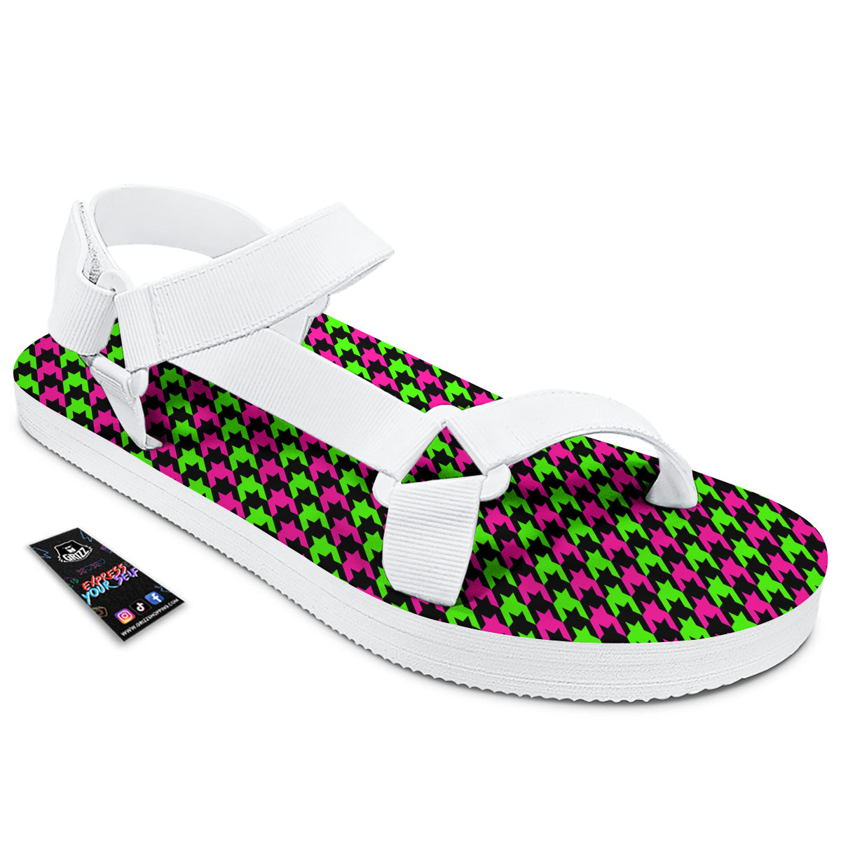 Houndstooth Green And Pink Print Pattern White Open Toe Sandals-grizzshop
