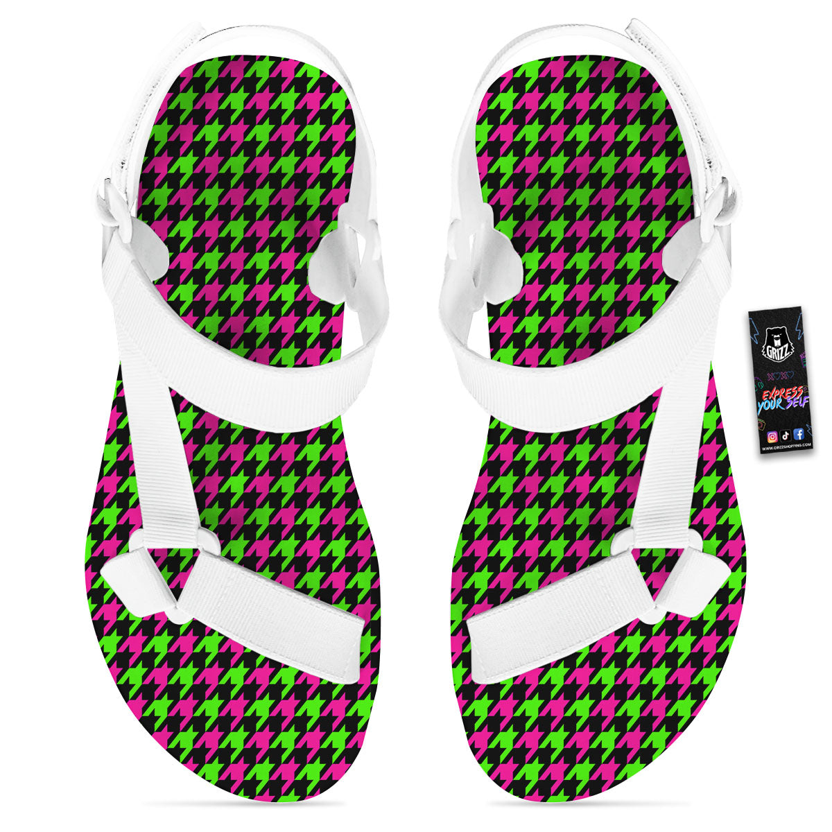 Houndstooth Green And Pink Print Pattern White Open Toe Sandals-grizzshop