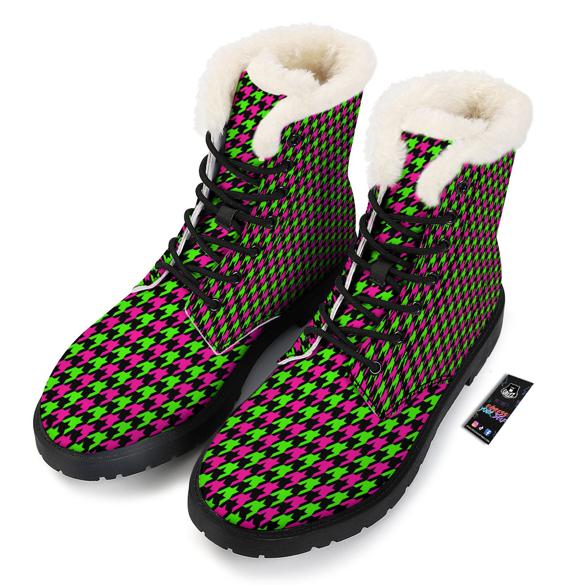 Houndstooth Green And Pink Print Pattern Winter Boots-grizzshop