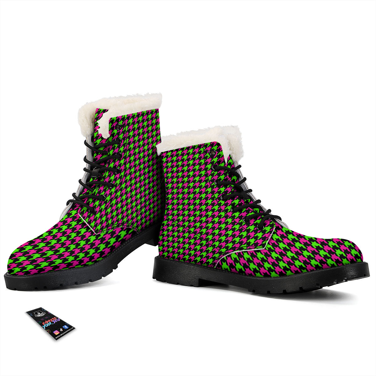 Houndstooth Green And Pink Print Pattern Winter Boots-grizzshop